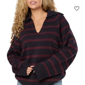 Striped Johnny Collar Rib-knit Sweater